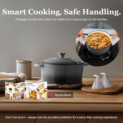 Overmont Enameled Cast Iron Dutch Oven - 4.5QT Pot with Lid Cookbook & Cotton Potholders - Heavy-Duty Cookware for Braising, Stews, Roasting, Sourdough Baking grey
