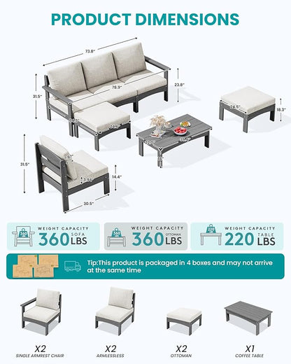 SERWALL 7-Piece Patio Sofa Set, Outdoor Furniture Set, All-Weather HDPE Outdoor Sectional Conversation Set Cushions and Coffee Table, Large Modular Sofas for Garden, Grey Frame with Khaki Cushion