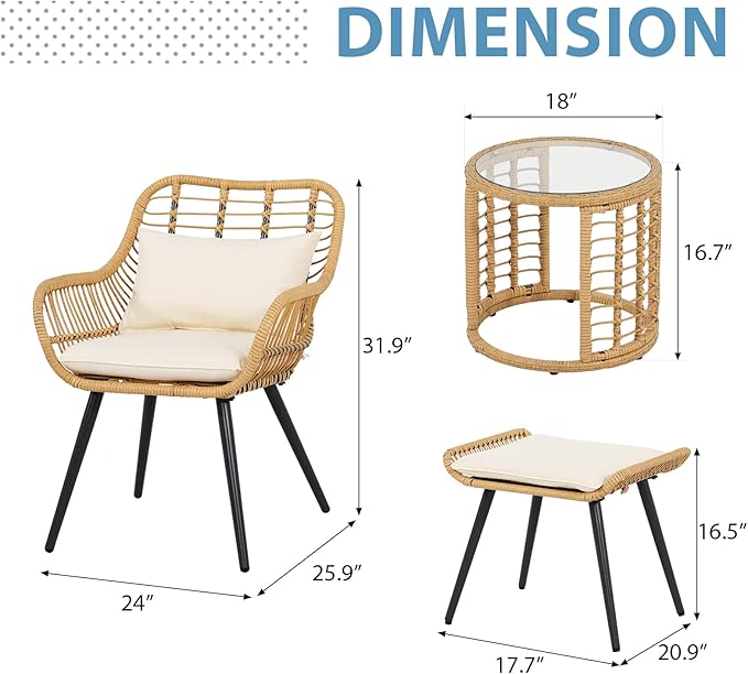 JOIVI 5 Piece Wicker Patio Furniture Set, Rattan Outdoor Bistro Set with 2 Ottomans and Coffee Side Table, Small Patio Conversation Set for Balcony, Front Porch, Garden, Backyard, Creamy White