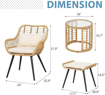 JOIVI 5 Piece Wicker Patio Furniture Set, Rattan Outdoor Bistro Set with 2 Ottomans and Coffee Side Table, Small Patio Conversation Set for Balcony, Front Porch, Garden, Backyard, Creamy White