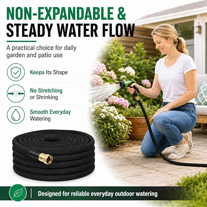 50FT Lightweight Flat Garden Hose for Women & Seniors, Non-Expandable Water Hose with 10-Pattern Spray Nozzle, Easy Storage No-Kink Hose for RV, Patio, Small Backyard, Car Wash & Everyday Watering