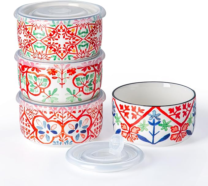 Ceramic Bowl with Lid, Microwave Safe, Set of 4 | Food Storage Containers for Soup, Meal Prep, Cereal, Salad Leftovers - Picnic, Camping, Office Lunch - 20 oz, Red-Pattern