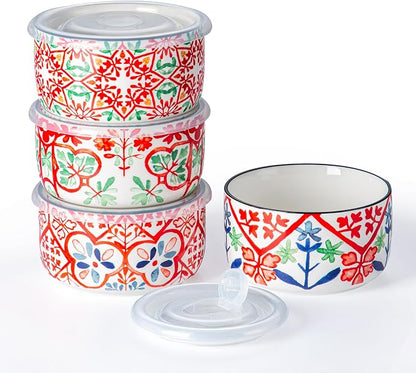 Ceramic Bowl with Lid, Microwave Safe, Set of 4 | Food Storage Containers for Soup, Meal Prep, Cereal, Salad Leftovers - Picnic, Camping, Office Lunch - 20 oz, Red-Pattern