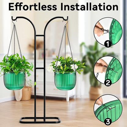 Halatool 2 Pack Self Watering Hanging Planters for Plants, 8.3 Inch Hanging Baskets, 3 Hooks Plant Hangers with Drainage Holes for Gardening (Green)