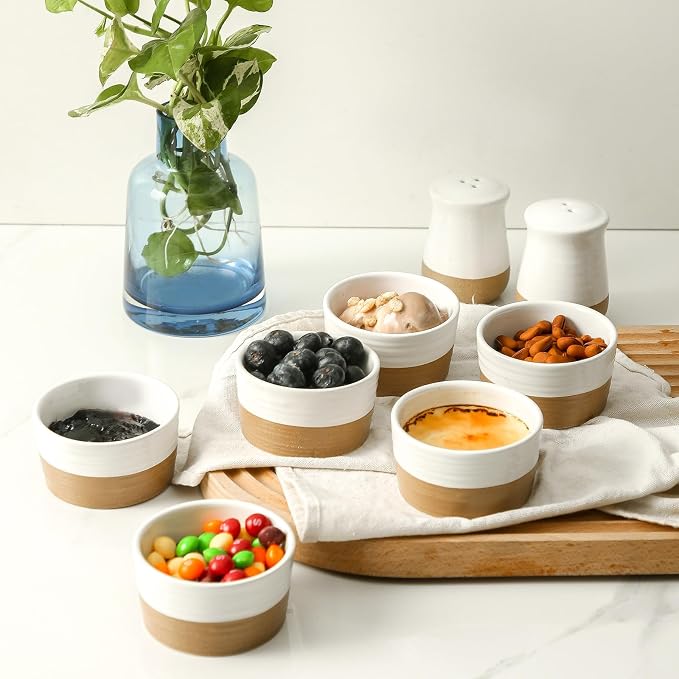 Hasense Ramekins Set of 6, 8 Oz Oven Safe Dessert Bowls, Farmhouse White Ramekins for Creme Brulee, Souffle, Custard, Pudding & Dipping Sauces, Kitchen Decor