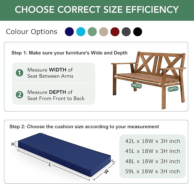 Summsun Outdoor Bench Cushion: Waterproof and Fade Resistant Patio Furniture Cushions - Non-Slip Bench Pad Cushion with Removable Cover for Garden Swing Porch Sofa Settee, 45 x 18 Inch, Navy Blue