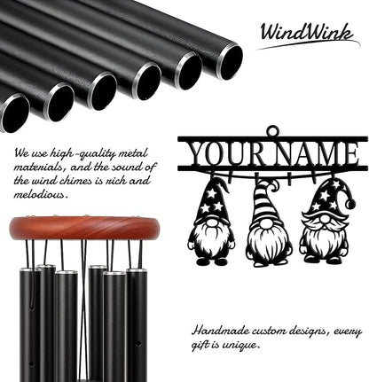 Personalized Customize Name Gnome Wind Chime, Metal Iron 37 Inch Outdoor Memorial Gift for Garden Yard Patio Home Decor, Black，Christmas (Style F)