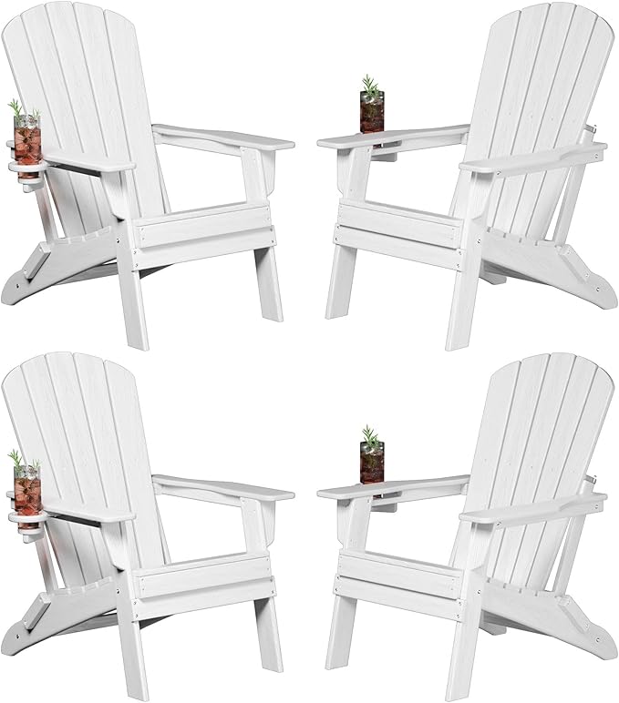 Plawdlik Folding Adirondack Chair, SGS Tested, Wooden Textured with Cup Holder, Heavy All-Weather HDPE Comfortable Set Poolside Backyard Lawn White Set 4
