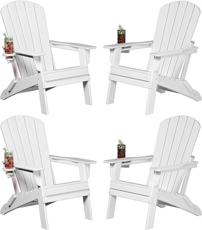 Plawdlik Folding Adirondack Chair, SGS Tested, Wooden Textured with Cup Holder, Heavy All-Weather HDPE Comfortable Set Poolside Backyard Lawn White Set 4