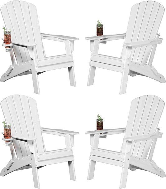 Plawdlik Folding Adirondack Chair, SGS Tested, Wooden Textured with Cup Holder, Heavy All-Weather HDPE Comfortable Set Poolside Backyard Lawn White Set 4