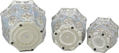 Galt International Light Blue & White Round Fluted Floral Porcelain Ceramic Plant Flower Planter Pot Set of 3 (7.5", 10", 13") Garden Pots Chinese Asian Design
