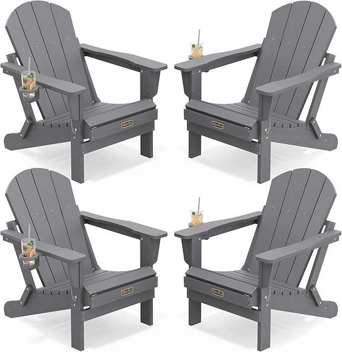 SERWALL Folding Adirondack Chair with Cup Holder Set of 4, Weather Resistant HIPS Patio Chairs, Wooden Textured, Fire Pit Chairs for Garden Outdoors Fire Pit - Gray