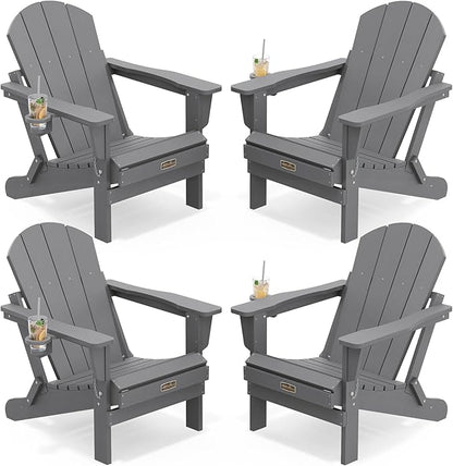 SERWALL Folding Adirondack Chair with Cup Holder Set of 4, Weather Resistant HIPS Patio Chairs, Wooden Textured, Fire Pit Chairs for Garden Outdoors Fire Pit - Gray