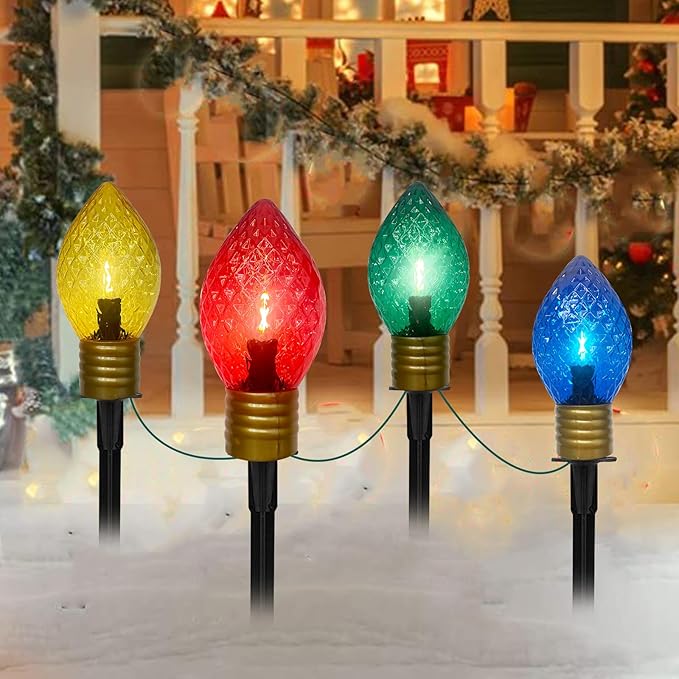 Jumbo C9 Christmas Pathway Lights Outdoor, 2 Pack Total 14Ft 8 LED C9 Giant Multicolor Christmas Walkway Lights, Connectable Outdoor Christmas Decorations Stakes Light for Lawn Yard Garden Holiday