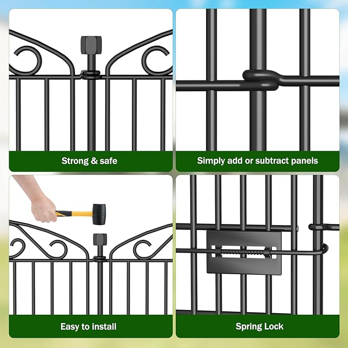 5 Panel No Dig Decorative Garden Fence with Gate - 48in H x 11.4 ft L, Tall Animal Barrier for Dogs Rabbits, Rustproof Metal Wire Panels for Yard, Patio, and Outdoor Border Use