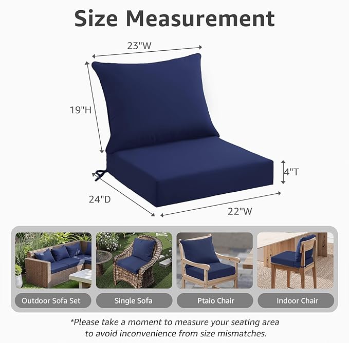 PatioGlow Outdoor Seat Cushion Set 22 x 24 x 4 Inch, Waterproof & Fade Resistant Patio Furniture Cushions with Removable Cover and Ties, Thick Deep Seating Pads for Outside Chair Sofa Couch, Dark Blue