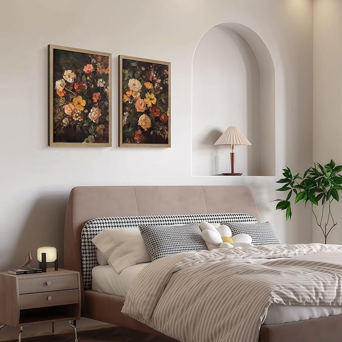 Framed Vintage Canvas Wall Art Classic Floral Oil Painting Style Poster Picture Countryside Painting Nature Scenery Modern Home Print Living Room Gallery Office Ready to Hang 12x16 Inch x2