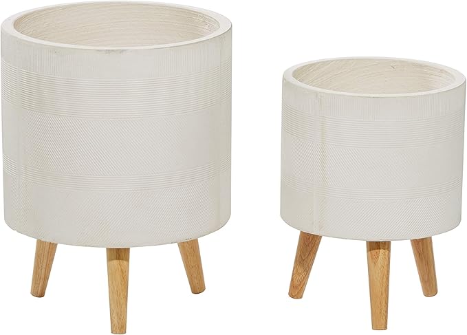 Deco 79 Magnesium Oxide Indoor Outdoor Large Pot with Wood Legs, Set of 2 Planters 16", 13"H, White