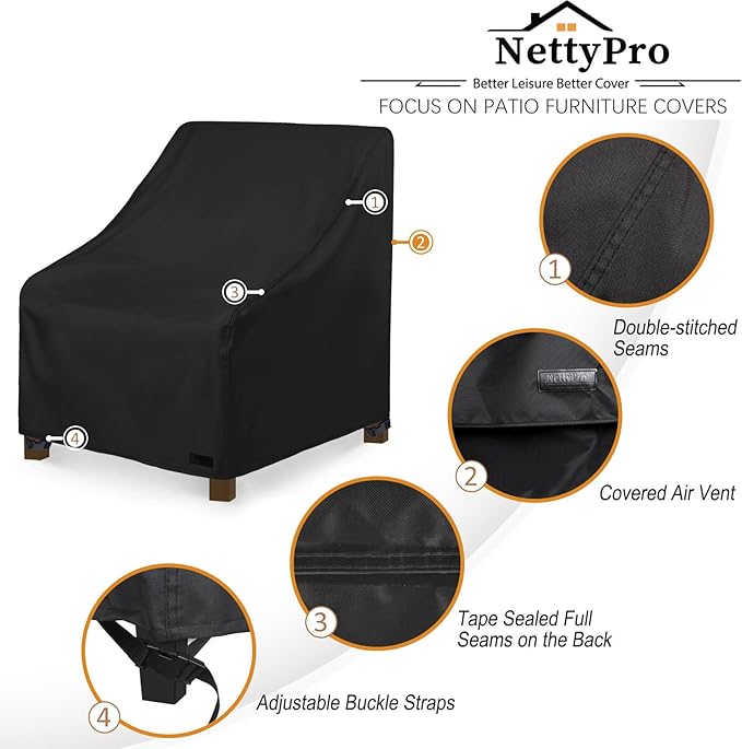 NettyPro Patio Adirondack Chair Cover Waterproof Outdoor Furniture Swivel Recliner Rocking Lounge Deep Seat Chair Cover, Fits up to 30"W x 33"D x 34"H, 2 Pack, Black