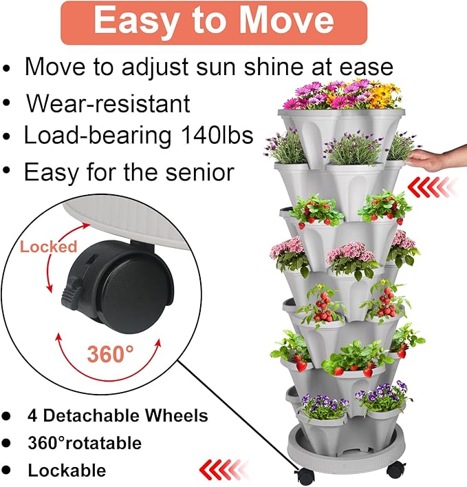 GameXcel Vertical Planter Tower- 7 Tier Stackable Garden Planter with Wheels and Tool Set – Grow Strawberries Herbs Flowers and Vegetables - Indoor Outdoor Use Gray