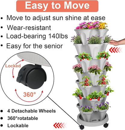 GameXcel Vertical Planter Tower- 7 Tier Stackable Garden Planter with Wheels and Tool Set – Grow Strawberries Herbs Flowers and Vegetables - Indoor Outdoor Use Gray