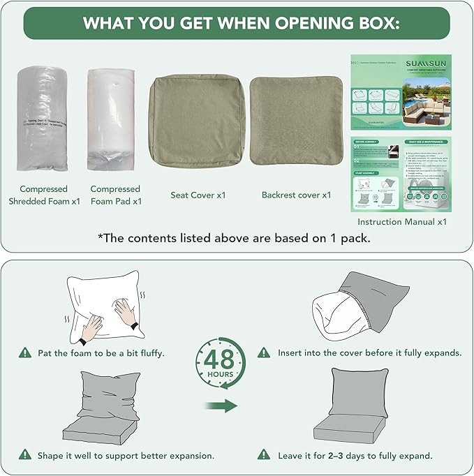 Summsun Water Resistant Outdoor Chair Cushions, Faux Linen Backrest and Deep Seat Cushion Set with Ties, Removable Cover, Non-Slip Bottom for Patio Furniture, 24 x 24 Inch, Mocca Green