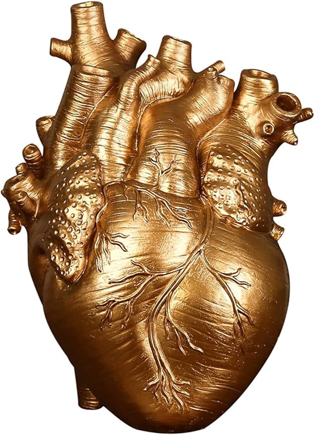 Resin Vase Planter, Decorative Heart Vase - Anatomical Heart Tabletop Decorative Craft, Farmhouse Living Room Bedroom Countertop (Gold,Small)