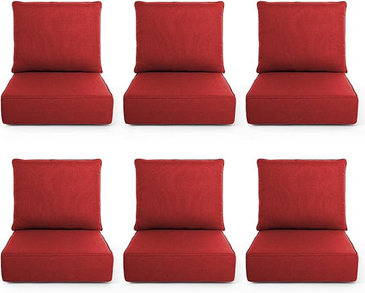 Outdoor Chair Cushions, 6 Inch Thick Patio Seat & Back Cushions Set with Removable Cover, Waterproof Patio Cushions for Outdoor Furniture, 24 x 24 Inch, Red 6-Set