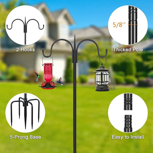 FEED GARDEN Heavy Duty Shepherds Hook 63" Double Hooks Adjustable (47/63") - Alloy Steel 5-Prong Base, 12lb Capacity - Easy Assembly Bird Feeder Pole for Hanging Planters, Lanterns, Wind Chimes