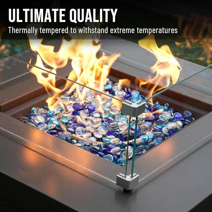 Skyflame 10-Pound Blended Fire Glass Beads for Fire Pit Fireplace Landscaping, 1/2-Inch Cobalt Blue, Crystal Ice, Caribbean Blue Luster