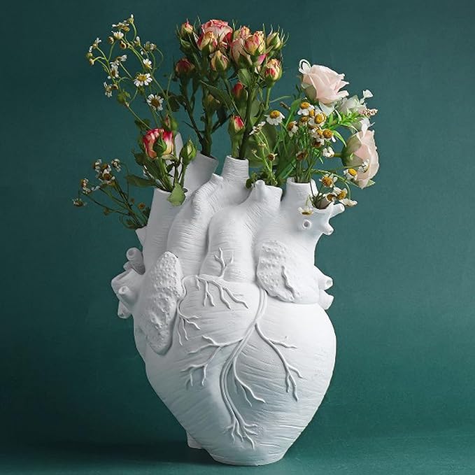 Resin Vase Planter, Decorative Heart Vase - Anatomical Heart Tabletop Decorative Craft, Farmhouse Living Room Bedroom Countertop (White,Small)