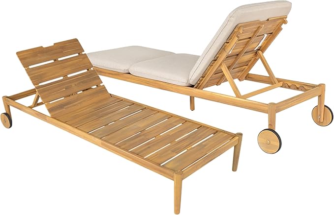 Christopher Knight Home Riviera Acacia Wood Chaise Lounge Chair Outdoor Set of 2, Wooden Patio Outdoor Chaise Lounge with Wheels and Cushions, Adjustable Backrest Single Lounge Sofa, Light Teak+Beige