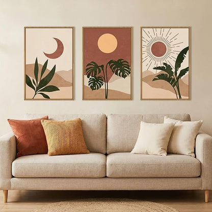 KAIRNE Vintage Sun and Moon Framed Canvas Wall Art Set,Boho Desert Botanical Wall Decor,Abstract Green Terracotta Art Prints,Retro Minimalist Artwork for Living Room,Bedroom,Farmhouse,Office-24"x36"x3
