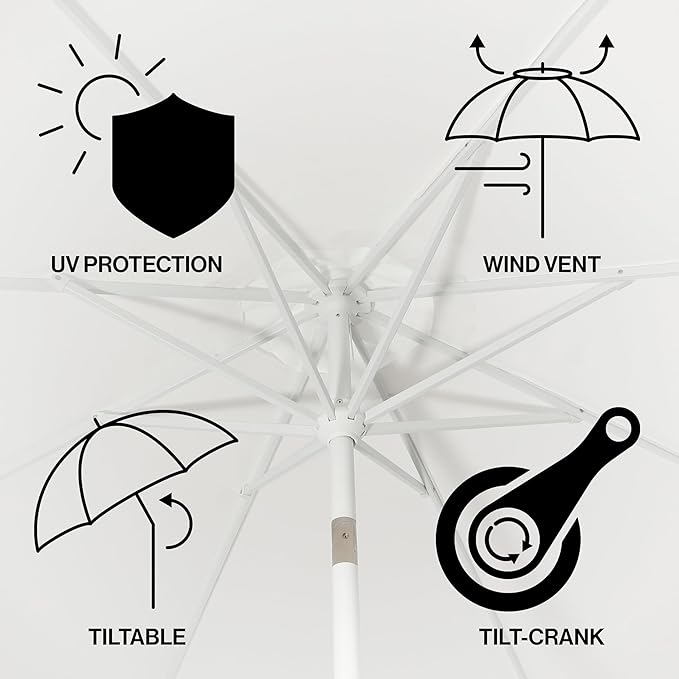 JONATHAN Y UMB1000B Baiona 9 ft. Classic MidCentury Market Patio Umbrella with UV Protection, Auto-Tilt, Crank and Wind Vent in White/Cream