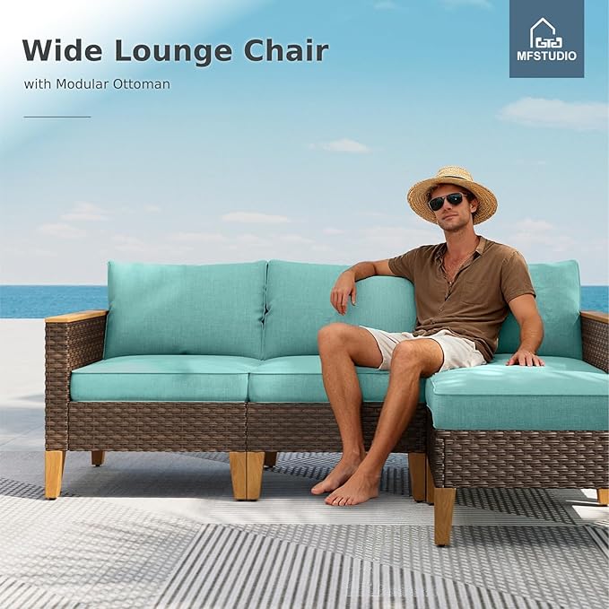 MFSTUDIO 7 Piece Extra Large Wicker Patio Furniture Set, 2 x Single Chair, 2 x Ottoman, 3-Seat Sofa, All-Weather Outdoor PE Rattan Patio Conversation Set for Garden, Backyard(Aqua Blue Cushions)