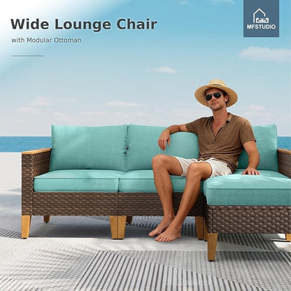 MFSTUDIO 7 Piece Extra Large Wicker Patio Furniture Set, 2 x Single Chair, 2 x Ottoman, 3-Seat Sofa, All-Weather Outdoor PE Rattan Patio Conversation Set for Garden, Backyard(Aqua Blue Cushions)