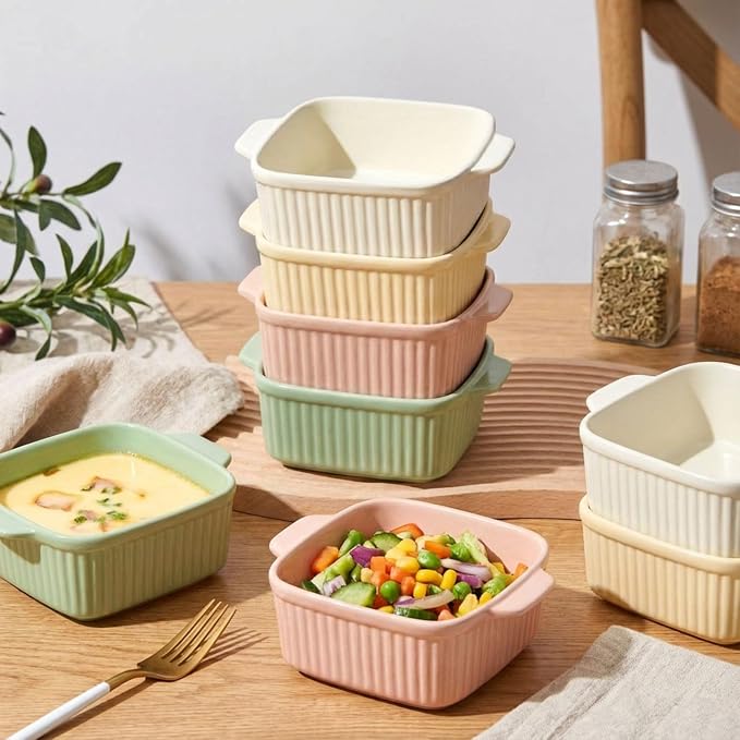 LemonRoad 8 Pcs Small Ceramic Baking Dishes with Dual Handles, 13.5 oz Oven Safe Individual Casserole Pan Ramekin Bowls Microwave Dishwasher Safe for Serving, Desserts Storage(Square)