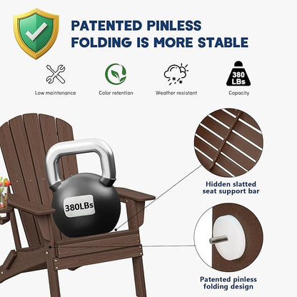 Plawdlik Folding Adirondack Chair Set of 4, Cup Holder，Wooden Textured ，Heavy All-Weather HDPE Comfortable Set Poolside Backyard Lawn Coffee
