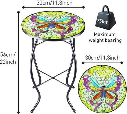 Arbuxzuy 12 Inch Small Outdoor Side Table with Colorful Butterfly, Glass Mosaic Patio Table Indoor, Round Plant Coffee Table for Living Room, Balcony, Garden