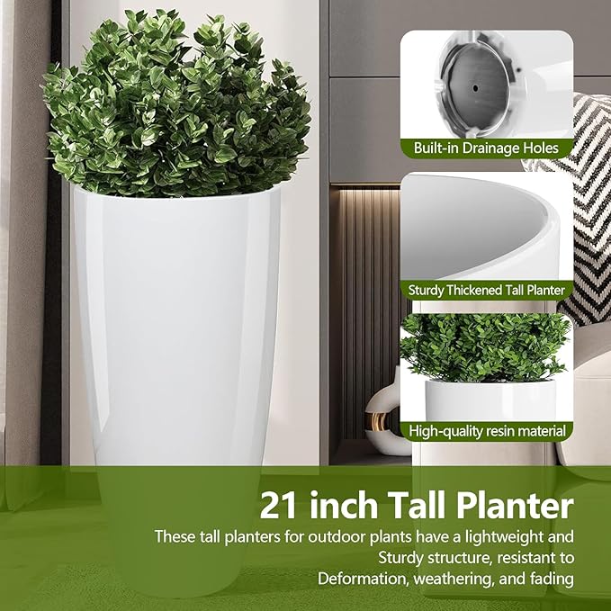 Set of 2 Large 21" Tall Planters for Indoor Outdoor, Heavy-Duty Resin with Drainage Holes & Unique Textured Design, Perfect for Porch, Patio, Backyard Home Decor, White