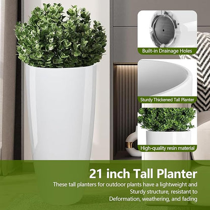 Set of 2 Large 21" Tall Planters for Indoor Outdoor, Heavy-Duty Resin with Drainage Holes & Unique Textured Design, Perfect for Porch, Patio, Backyard Home Decor, White