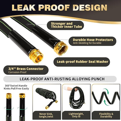 Garden Hose 50 ft Water Hose Flexible Heavy Duty Outdoor Lightweight No Kink Long Non-Expandable High Pressure Flat Hoses Pipe 100’ Strong 3/4’’ Brass Fitting for Outside Yard Lawn Car Wash