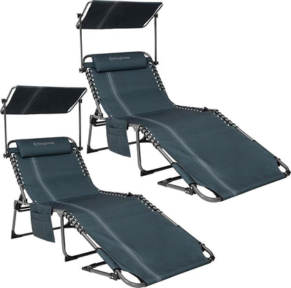 KingCamp 2 Pack Tanning Chair with Face Hole, Lounge Chairs Outdoor Folding Portable Comfy Adjustable 5-Position Chaise Chaser with Canopy Shade for Outside Beach Patio, Blue/Grey