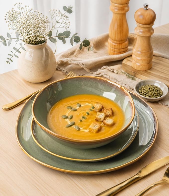 TheTerra Ceramic Dinnerware Set for 4, 12-Piece Plates and Bowls Set | Lightweight Porcelain Dish Set, Scratch Resistant, Oven & Microwave & Dishwasher Safe, Sage Umber