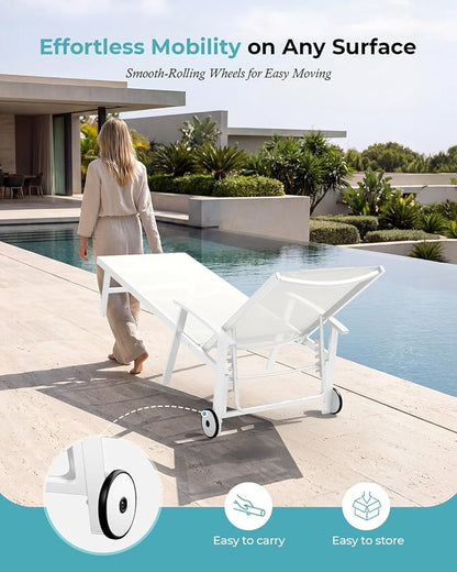 Ciokea Outdoor Lounge Chair with Pillow, 5-Position Aluminum Chaise Lounge with Wheels & Armrests, 400 lbs Heavy Duty Patio Pool Chair for Deck, Backyard, Beach & Poolside, White