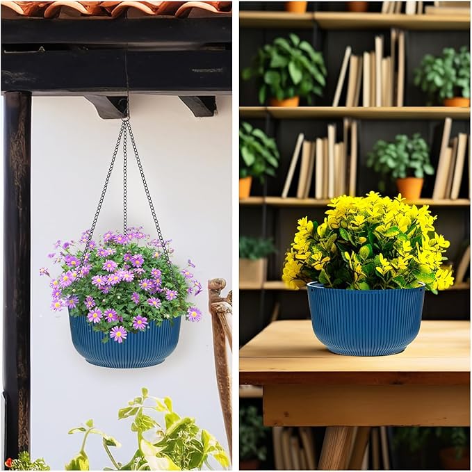 Hanging Planters 9/10/11 Inch for Indoor Plants, 3 Pack Plant Hanger Outdoor with Drainage Holes, Self Watering Hanging Basket Flower Pot for Garden Home Decor, Dark Blue