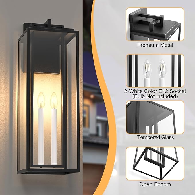 𝟐𝟔𝐈𝐍 Large Outdoor Wall Lights, Modern Exterior Lighting Fixtures with White E12 Base, Wall Mount Lantern Waterproof Outside Sconce for House Porch Patio Yard Front Door