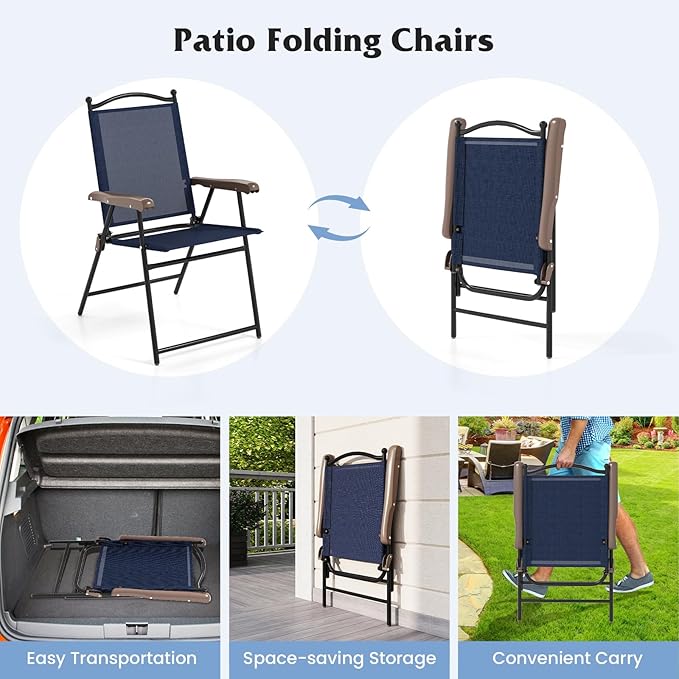 Tangkula Set of 4 Patio Folding Dining Chairs, Outdoor Sling Lawn Chairs with Armrests, Steel Frame, Portable Camping Lounge Chairs for Backyard, Deck, Poolside and Garden, No Assembly (2, Navy)