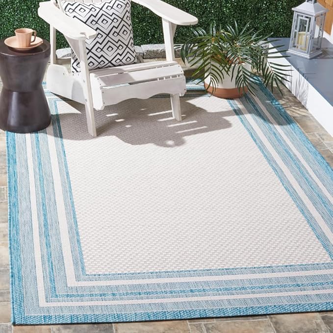 SAFAVIEH Washable Rug Outdoor Courtyard Collection - 6'7" x 9'6", Ivory & Aqua Blue, Non-Shedding & Easy Cleaning, Ideal for Patio, Backyard, Mudroom (CY8475-53612)