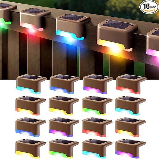 DenicMic Solar Deck Lights Outdoor 16 Pack Step Solar Lights Waterproof for Patio Fence Step Yard Stair RGB Color Changing LED Outside Deck Lighting